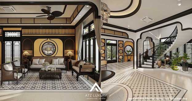 Không gian phòng khách Luxury với đá cẩm thạch và nội thất mạ vàng