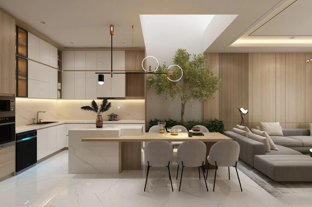 Phòng khách chung cư liền bếp nhìn rộng rãi và thoáng
