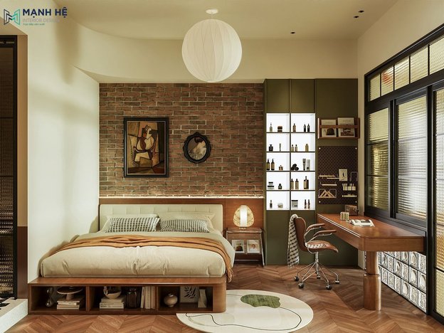 Phòng ngủ Mid-Century ấn tượng với nội thất chân thon ấm áp