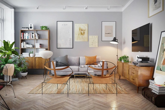 Sự kết hợp giữa tường màu kem và nội thất gỗ nâu trầm tạo nên không gian vintage ấm áp